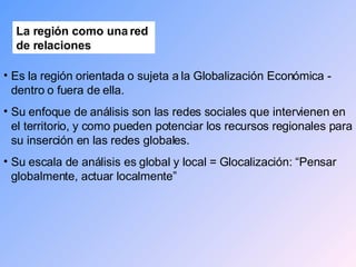 Es la región orientada o sujeta a la Globalización Económica - dentro o fuera de ella. Su enfoque de análisis son las redes sociales que intervienen en el territorio, y como pueden potenciar los recursos regionales para su inserción en las redes globales. Su escala de análisis es global y local = Glocalización: “Pensar globalmente, actuar localmente” La región como una red de relaciones 
