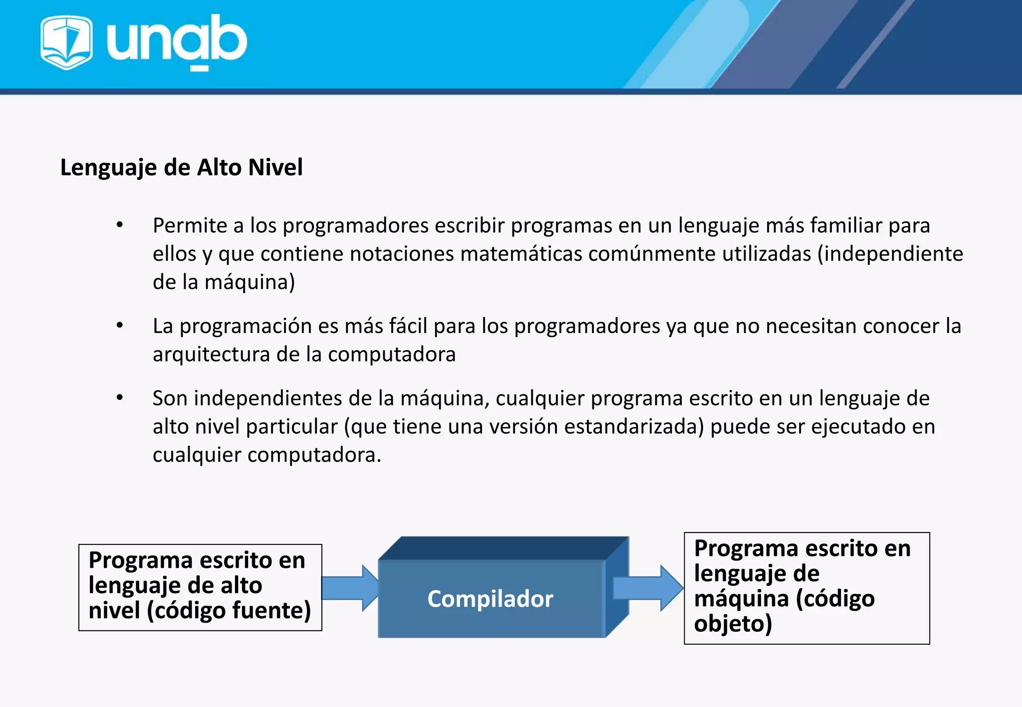Lenguaje de Alto Nivel
• Permite a los programadores escribir programas en un lenguaje más familiar para
ellos y que contiene notaciones matemáticas comúnmente utilizadas (independiente
de la máquina)
• La programación es más fácil para los programadores ya que no necesitan conocer la
arquitectura de la computadora
• Son independientes de la máquina, cualquier programa escrito en un lenguaje de
alto nivel particular (que tiene una versión estandarizada) puede ser ejecutado en
cualquier computadora.
Programa escrito en
lenguaje de alto
nivel (código fuente)
Programa escrito en
lenguaje de
máquina (código
objeto)
Compilador
 