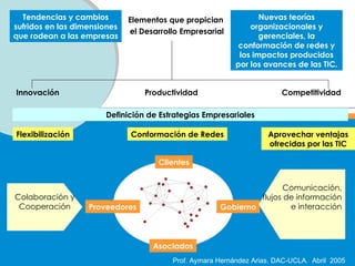 Elementos que propician  el Desarrollo Empresarial Tendencias y cambios sufridos en las dimensiones que rodean a las empresas Nuevas teorías organizacionales y gerenciales, la conformación de redes y los impactos producidos por los avances de las TIC. Innovación Productividad Competitividad Definición de Estrategias Empresariales Flexibilización Conformación de Redes Aprovechar ventajas ofrecidas por las TIC Clientes Asociados Gobierno Proveedores Colaboración y Cooperación Comunicación, flujos de información e interacción 