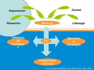 Gerencia Proposiciones de Valor Definición de Estrategias Ejecución de Estrategias TIC Planeación Organización Control Liderazgo 