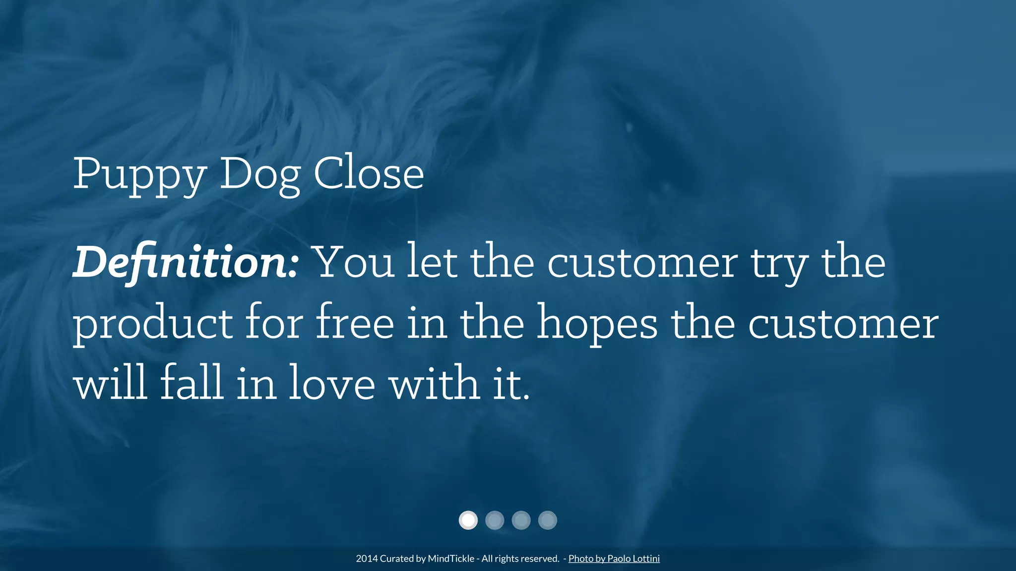 Puppy Dog Close
Deﬁnition: You let the customer try the
product for free in the hopes the customer
will fall in love with it.
2014 Curated by MindTickle - All rights reserved. - Photo by Paolo Lottini
 