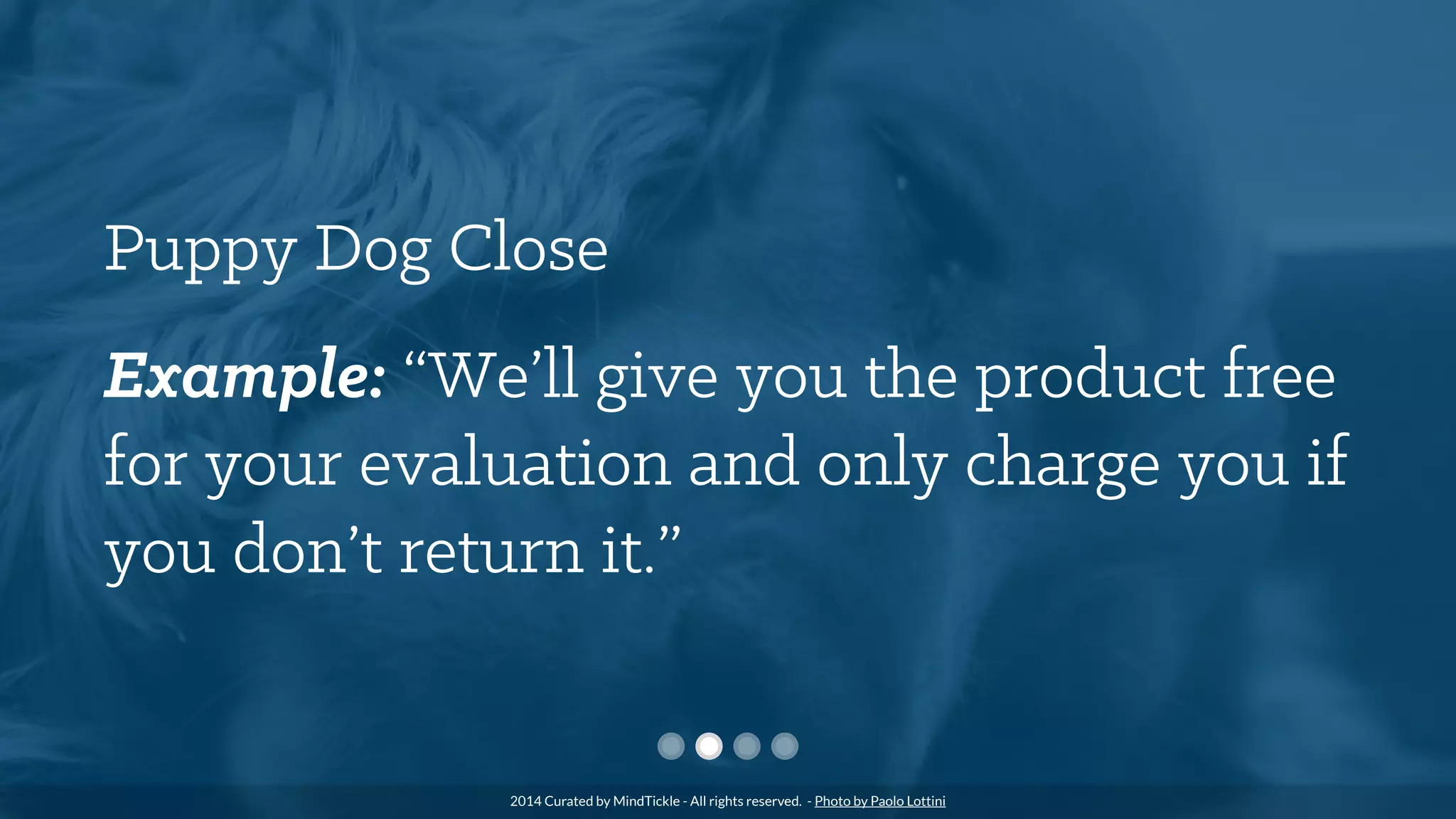 Puppy Dog Close
Example: “We’ll give you the product free
for your evaluation and only charge you if
you don’t return it.”
2014 Curated by MindTickle - All rights reserved. - Photo by Paolo Lottini
 