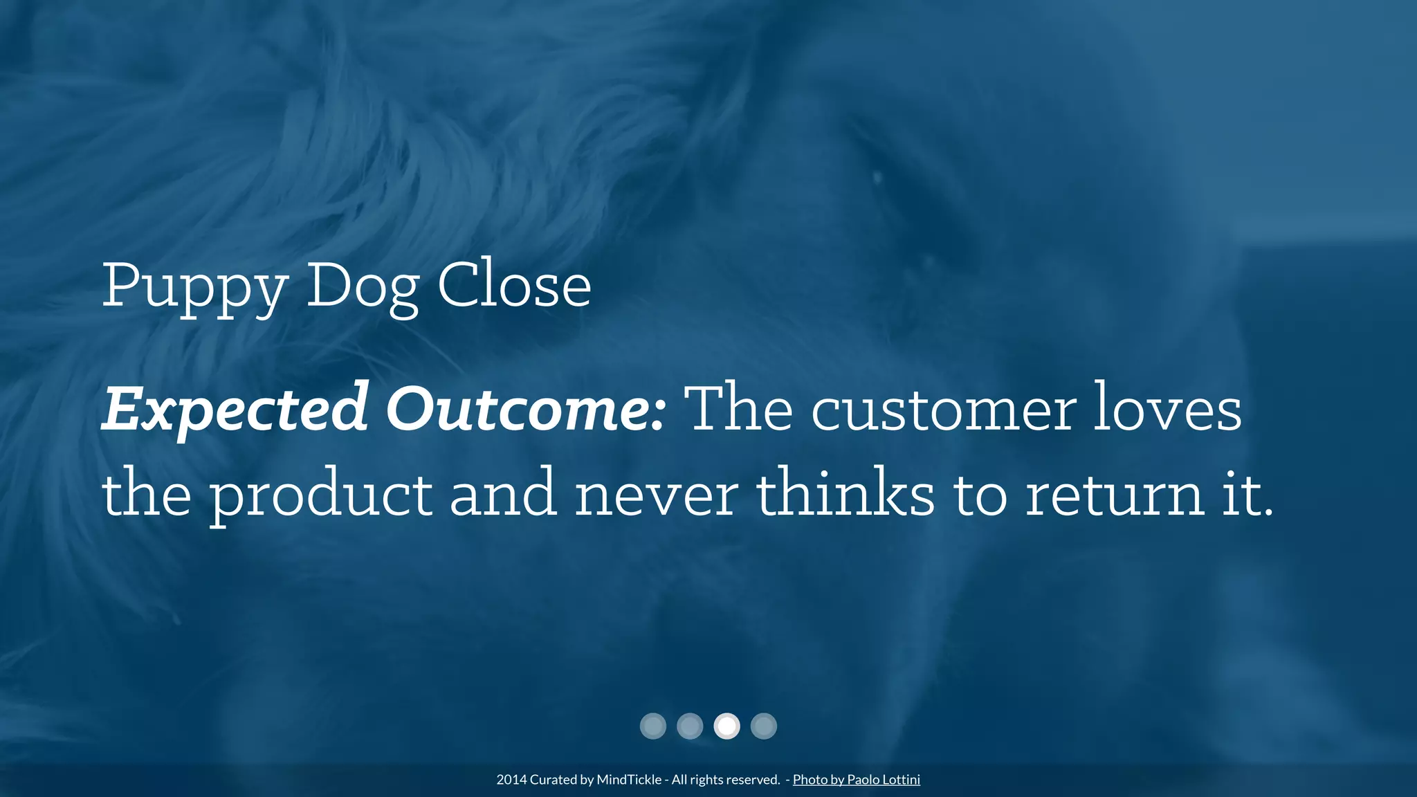 Puppy Dog Close
Expected Outcome: The customer loves
the product and never thinks to return it.
2014 Curated by MindTickle - All rights reserved. - Photo by Paolo Lottini
 