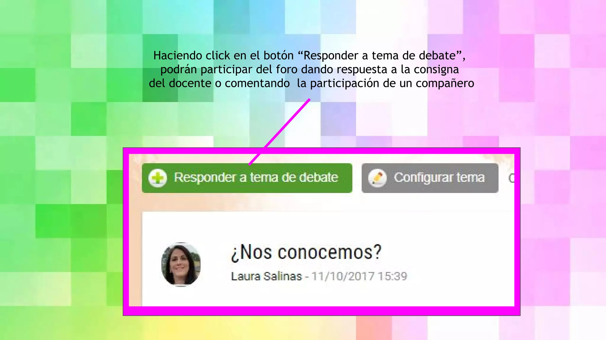 Haciendo click en el botón “Responder a tema de debate”,
podrán participar del foro dando respuesta a la consigna
del docente o comentando la participación de un compañero