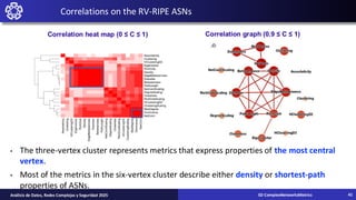 Correlations on the RV-RIPE ASNs
• The three-vertex cluster represents metrics that express properties of the most central
vertex.
• Most of the metrics in the six-vertex cluster describe either density or shortest-path
properties of ASNs.
Correlation heat map (0 ≤ C ≤ 1) Correlation graph (0.9 ≤ C ≤ 1)
02-ComplexNetworksMetrics
Análisis de Datos, Redes Complejas y Seguridad 2025 41
 