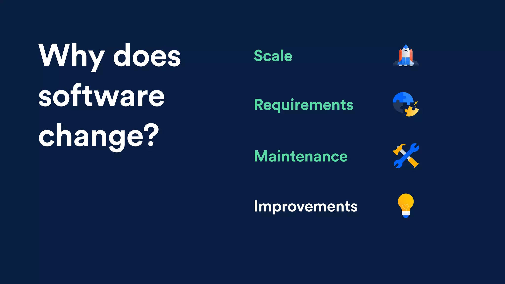 ScaleWhy does
software
change?
Requirements
Maintenance
Improvements
 