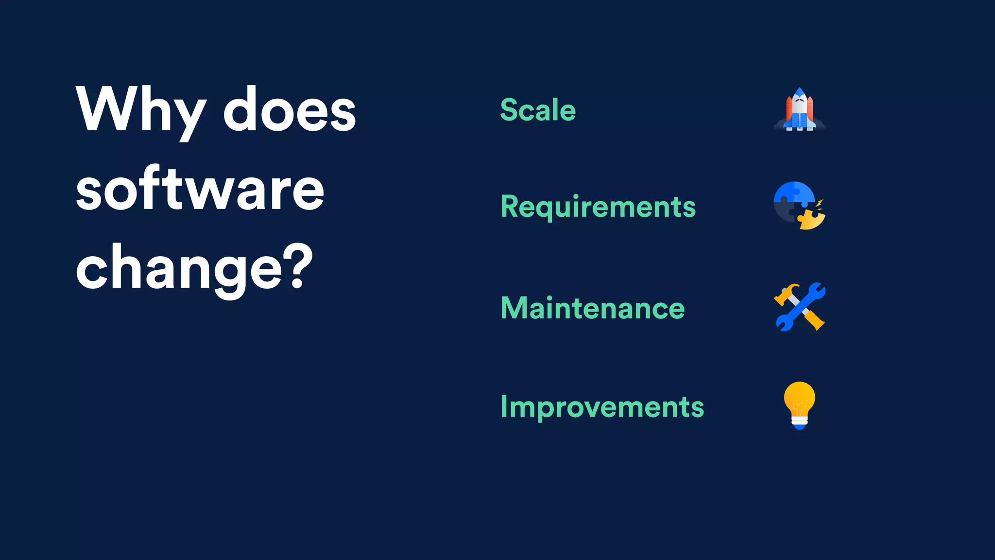 ScaleWhy does
software
change?
Requirements
Maintenance
Improvements
 