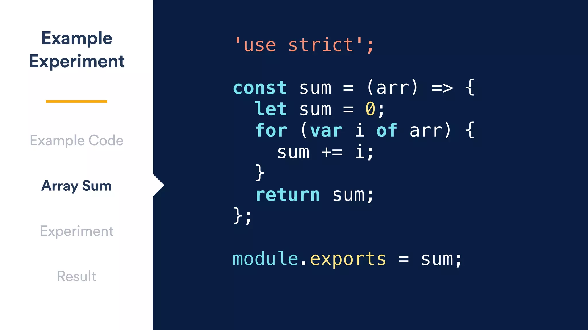 'use strict';
const sum = (arr) => {
let sum = 0;
for (var i of arr) {
sum += i;
}
return sum;
};
module.exports = sum;
Example
Experiment
Experiment
Result
Array Sum
Example Code
 