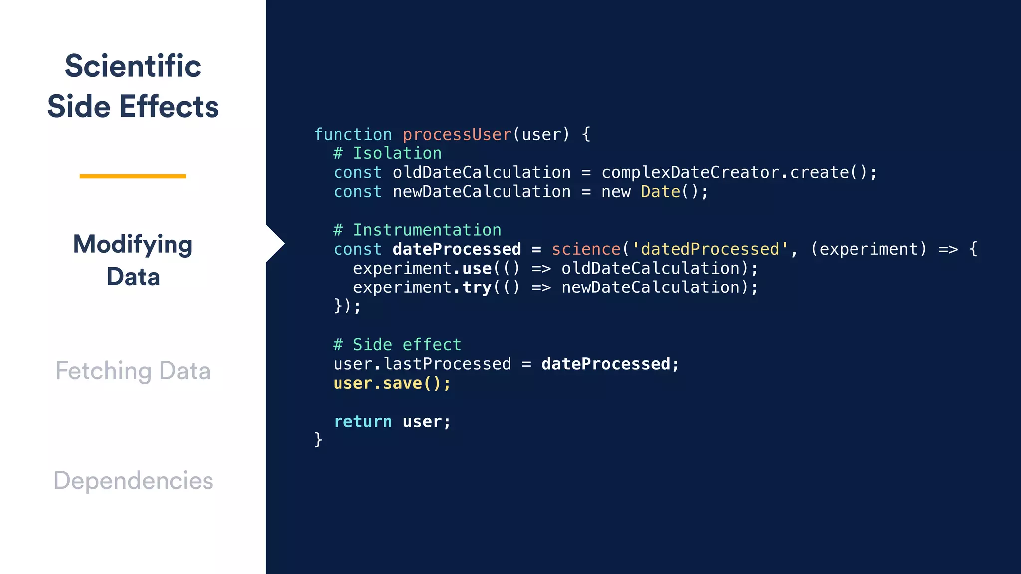 Scientific
Side Effects
Modifying
Data
Fetching Data
Dependencies
function processUser(user) {
# Isolation
const oldDateCalculation = complexDateCreator.create();
const newDateCalculation = new Date();
# Instrumentation
const dateProcessed = science('datedProcessed', (experiment) => {
experiment.use(() => oldDateCalculation);
experiment.try(() => newDateCalculation);
});
# Side effect
user.lastProcessed = dateProcessed;
user.save();
return user;
}
 