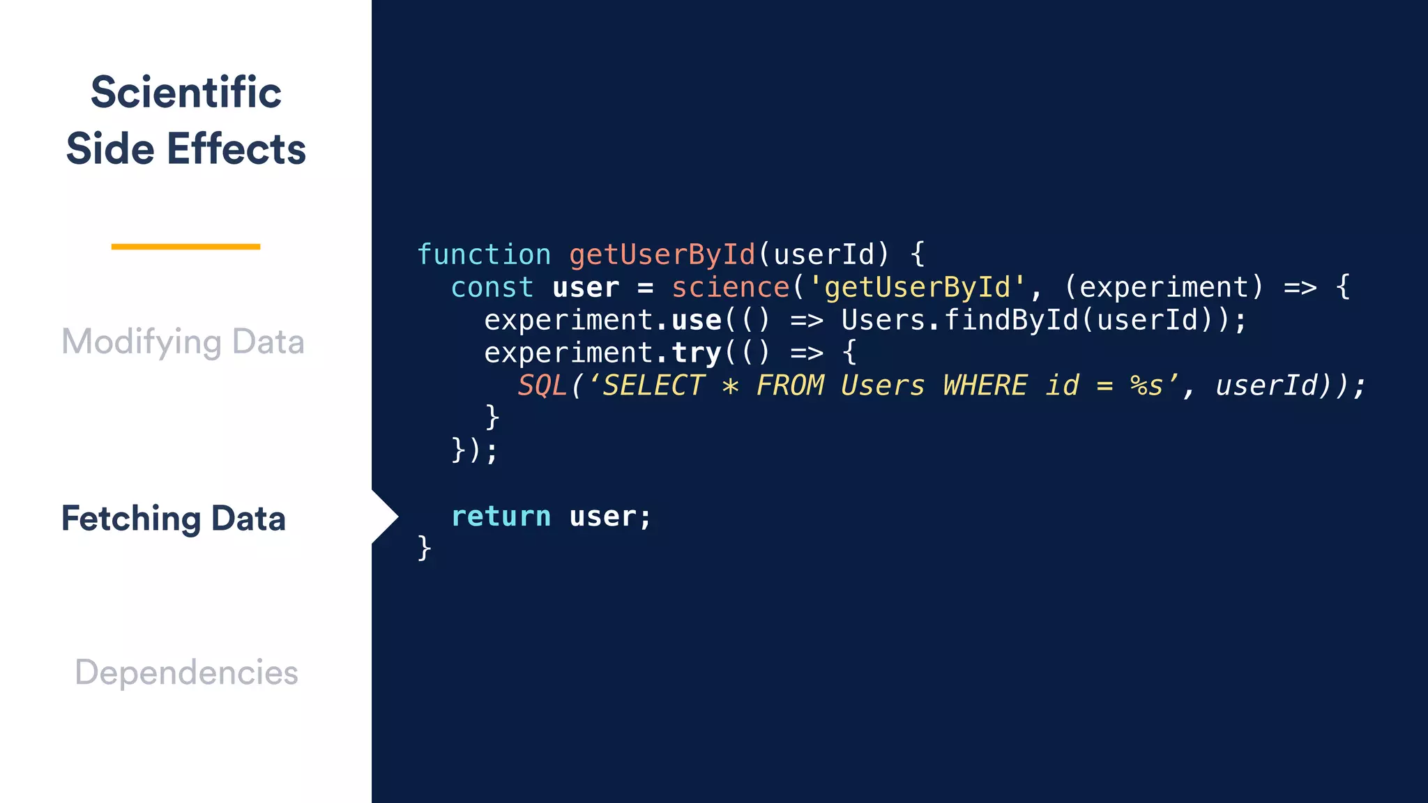 Scientific
Side Effects
Modifying Data
Fetching Data
Dependencies
function getUserById(userId) {
const user = science('getUserById', (experiment) => {
experiment.use(() => Users.findById(userId));
experiment.try(() => {
SQL(‘SELECT * FROM Users WHERE id = %s’, userId));
}
});
return user;
}
 