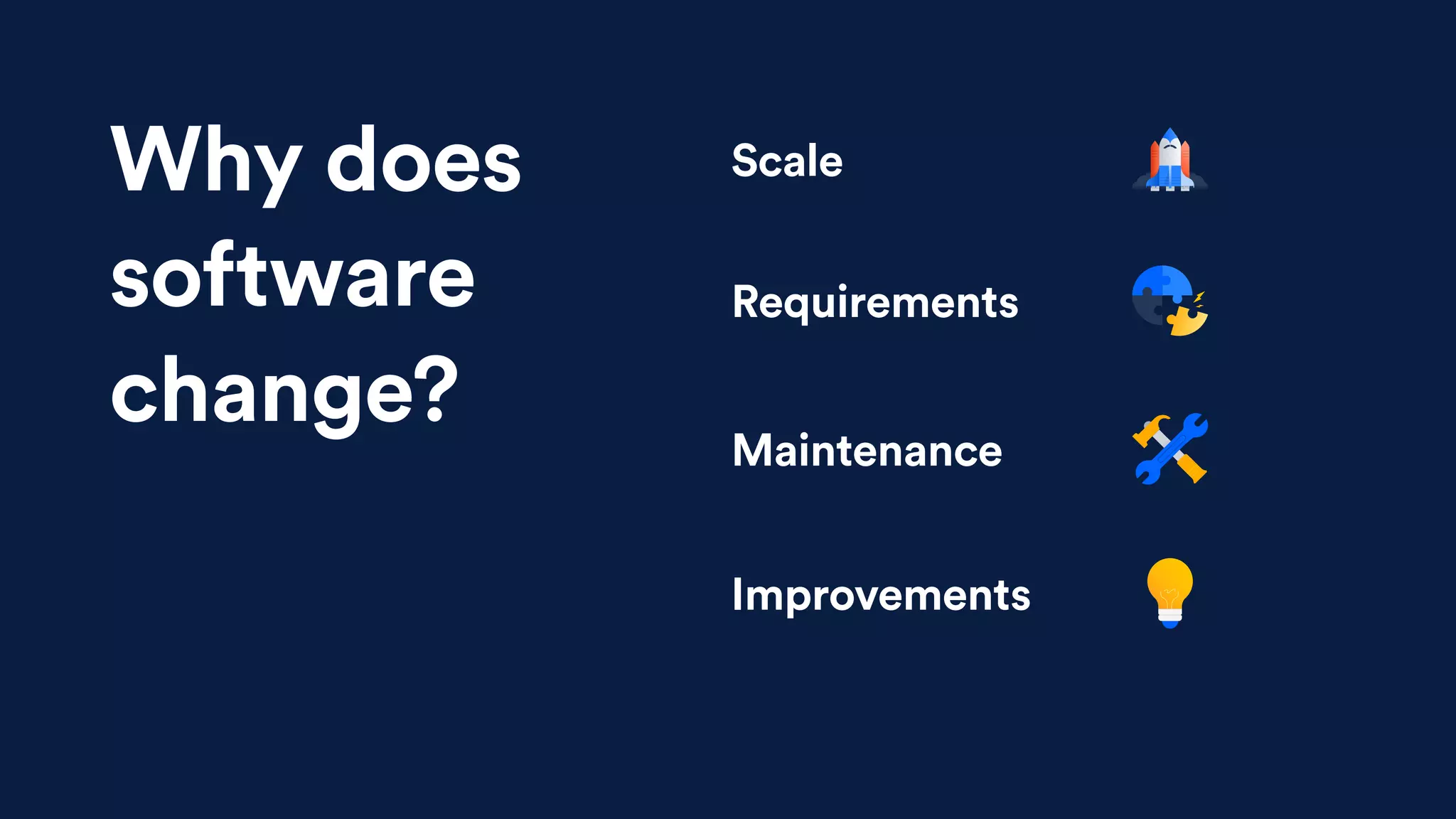 ScaleWhy does
software
change?
Requirements
Maintenance
Improvements
 