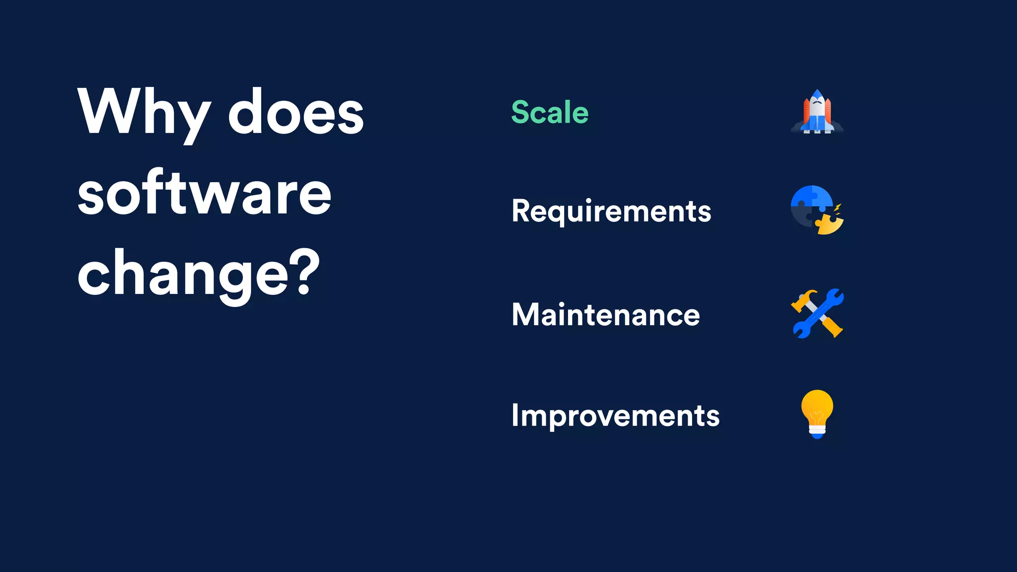 ScaleWhy does
software
change?
Requirements
Maintenance
Improvements
 