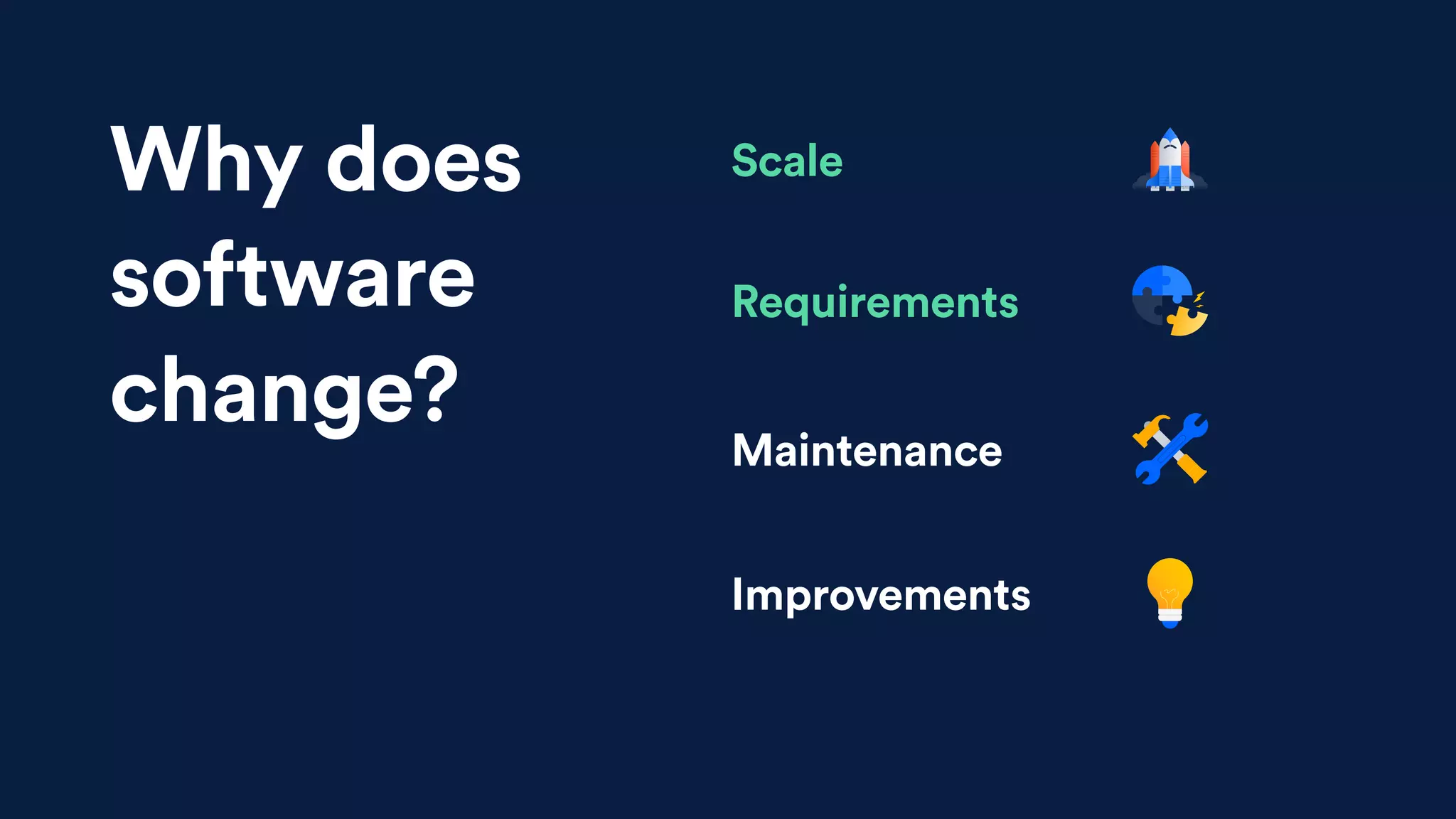 ScaleWhy does
software
change?
Requirements
Maintenance
Improvements
 