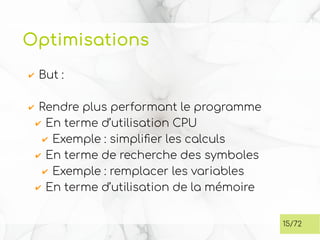 Optimisations
✔ But :
✔ Rendre plus performant le programme
✔ En terme d’utilisation CPU
✔ Exemple : simplifier les calculs
✔ En terme de recherche des symboles
✔ Exemple : remplacer les variables
✔ En terme d’utilisation de la mémoire
15/72
 
