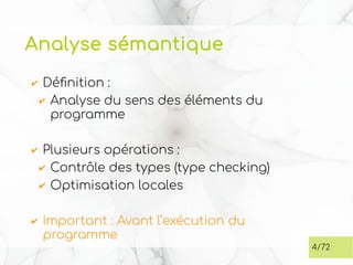 Analyse sémantique
✔ Définition :
✔ Analyse du sens des éléments du
programme
✔ Plusieurs opérations :
✔ Contrôle des types (type checking)
✔ Optimisation locales
✔ Important : Avant l’exécution du
programme
4/72
 