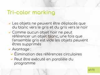Tri-color marking
✔ Les objets ne peuvent être déplacés que
du blanc vers le gris et du gris vers le noir
✔ Comme aucun objet noir ne peut
référencer un objet blanc, une fois que
l’ensemble gris est vide les objets peuvent
êtres supprimés
✔ Avantage :
✔ Élimination des références circulaires
✔ Peut être exécuté en parallèle du
programme
67/72
 