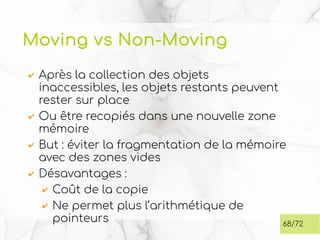 Moving vs Non-Moving
✔ Après la collection des objets
inaccessibles, les objets restants peuvent
rester sur place
✔ Ou être recopiés dans une nouvelle zone
mémoire
✔ But : éviter la fragmentation de la mémoire
avec des zones vides
✔ Désavantages :
✔ Coût de la copie
✔ Ne permet plus l’arithmétique de
pointeurs 68/72
 