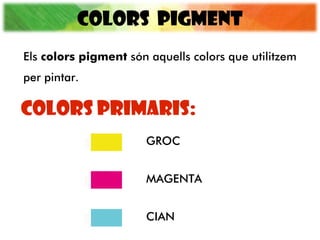 COLORS PIGMENT
COLORS PRIMARIS:
Els colors pigment són aquells colors que utilitzem
per pintar.
GROC
MAGENTA
CIAN
 