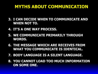 MYTHS ABOUT COMMUNICATION I CAN DECIDE WHEN TO COMMUNICATE AND WHEN NOT TO. IT’S A ONE WAY PROCESS. WE COMMUNICATE PRIMARILY THROUGH WORDS. THE MESSAGE WHICH ARE RECEIVES FROM WHAT YOU COMMUNICATE IS IDENTICAL. BODY LANGUAGE IS A SILENT LANGUAGE. YOU CANNOT LOAD TOO MUCH INFORMATION ON SOME ONE. 