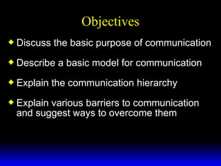 Objectives Discuss the basic purpose of communication Describe a basic model for communication Explain the communication hierarchy Explain various barriers to communication and suggest ways to overcome them 