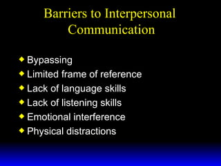 Barriers to Interpersonal  Communication Bypassing Limited frame of reference Lack of language skills Lack of listening skills Emotional interference Physical distractions 