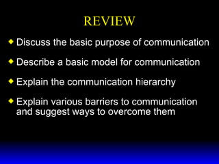 REVIEW Discuss the basic purpose of communication Describe a basic model for communication Explain the communication hierarchy Explain various barriers to communication and suggest ways to overcome them 