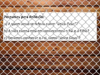 Perguntas para Reflexão:
a) A quem Jesus se referiu como “único Deus”?
b) A vida eterna está em conhecermos o Pai e o Filho?
c) Devemos conhecer o Pai, como “único Deus”?
 