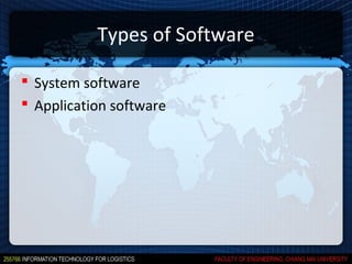 Types of Software

 System software
 Application software
 