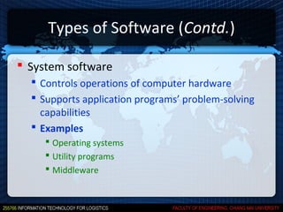 Types of Software (Contd.)

 System software
   Controls operations of computer hardware
   Supports application programs’ problem-solving
    capabilities
   Examples
      Operating systems
      Utility programs
      Middleware
 