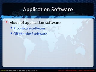 Application Software

 Mode of application software
   Proprietary software
   Off-the-shelf software
 