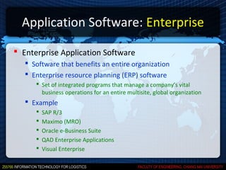 Application Software: Enterprise

 Enterprise Application Software
    Software that benefits an entire organization
    Enterprise resource planning (ERP) software
       Set of integrated programs that manage a company’s vital
        business operations for an entire multisite, global organization
    Example
         SAP R/3
         Maximo (MRO)
         Oracle e-Business Suite
         QAD Enterprise Applications
         Visual Enterprise
 