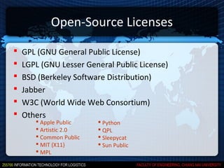 Open-Source Licenses

   GPL (GNU General Public License)
   LGPL (GNU Lesser General Public License)
   BSD (Berkeley Software Distribution)
   Jabber
   W3C (World Wide Web Consortium)
   Others
        Apple Public     Python
        Artistic 2.0     QPL
        Common Public    Sleepycat
        MIT (X11)        Sun Public
        MPL
 