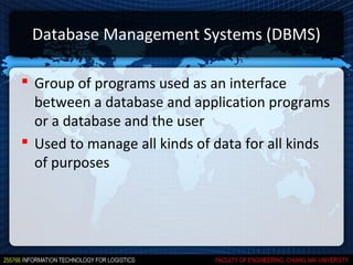 Database Management Systems (DBMS)

 Group of programs used as an interface
  between a database and application programs
  or a database and the user
 Used to manage all kinds of data for all kinds
  of purposes
 