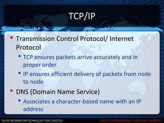 TCP/IP

 Transmission Control Protocol/ Internet
  Protocol
   TCP ensures packets arrive accurately and in
    proper order
   IP ensures efficient delivery of packets from node
    to node
 DNS (Domain Name Service)
   Associates a character-based name with an IP
    address
 