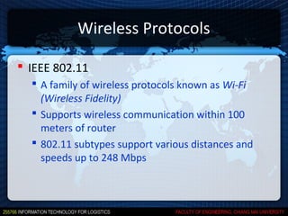 Wireless Protocols

 IEEE 802.11
   A family of wireless protocols known as Wi-Fi
    (Wireless Fidelity)
   Supports wireless communication within 100
    meters of router
   802.11 subtypes support various distances and
    speeds up to 248 Mbps
 