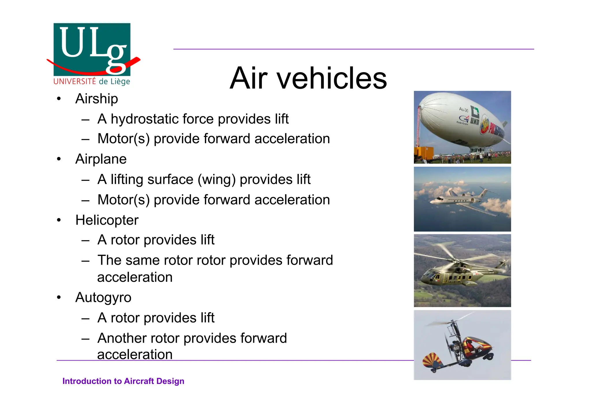 Introduction to Aircraft Design
Air vehicles
•! Airship
–! A hydrostatic force provides lift
–! Motor(s) provide forward acceleration
•! Airplane
–! A lifting surface (wing) provides lift
–! Motor(s) provide forward acceleration
•! Helicopter
–! A rotor provides lift
–! The same rotor rotor provides forward
acceleration
•! Autogyro
–! A rotor provides lift
–! Another rotor provides forward
acceleration
 