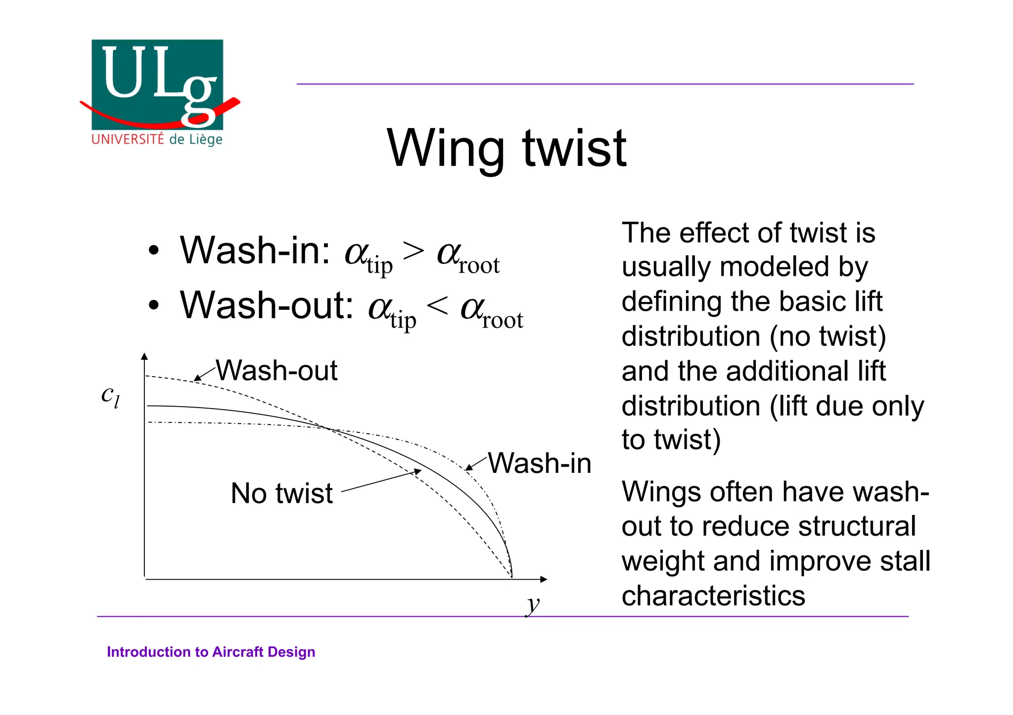 Introduction to Aircraft Design
Wing twist
•! Wash-in: !tip  !root
•! Wash-out: !tip  !root
y
cl
Wash-out
Wash-in
No twist
The effect of twist is
usually modeled by
defining the basic lift
distribution (no twist)
and the additional lift
distribution (lift due only
to twist)
Wings often have wash-
out to reduce structural
weight and improve stall
characteristics
 
