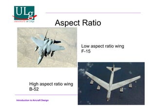 Introduction to Aircraft Design
Aspect Ratio
Low aspect ratio wing
F-15
High aspect ratio wing
B-52
 