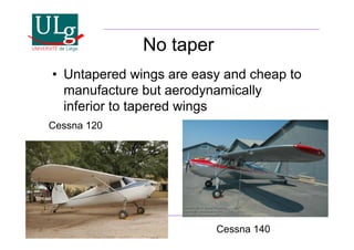 Introduction to Aircraft Design
No taper
•! Untapered wings are easy and cheap to
manufacture but aerodynamically
inferior to tapered wings
Cessna 140
Cessna 120
 