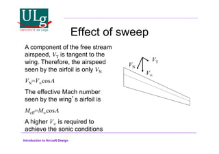 Introduction to Aircraft Design
Effect of sweep
V
VT
VN
A component of the free stream
airspeed, VT is tangent to the
wing. Therefore, the airspeed
seen by the airfoil is only VN
VN=Vcos$
The effective Mach number
seen by the wings airfoil is
Meff=Mcos$%
A higher V is required to
achieve the sonic conditions
 