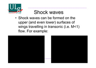 Introduction to Aircraft Design
Shock waves
•! Shock waves can be formed on the
upper (and even lower) surfaces of
wings travelling in transonic (i.e. M1)
flow. For example:
 