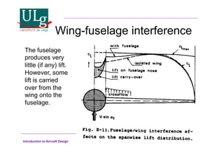 Introduction to Aircraft Design
Wing-fuselage interference
The fuselage
produces very
little (if any) lift.
However, some
lift is carried
over from the
wing onto the
fuselage.
 