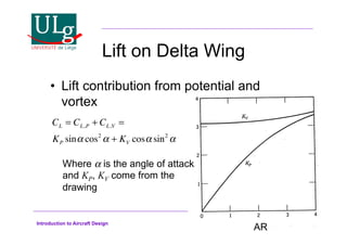 Introduction to Aircraft Design
Lift on Delta Wing
•! Lift contribution from potential and
vortex
CL = CL,P + CL,V =
KP sin! cos2
! + KV cos! sin2
!
AR
Where ! is the angle of attack
and KP, KV come from the
drawing
 