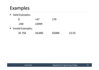 Constants
Constants Rajalakshmi Engineering College 13
Rajalakshmi Engineering College 13
Examples
 Valid Examples:
0 +47 179
-240 22099
 Invalid Examples:
35 750 10,000 $5000 12.55
 