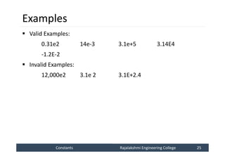Constants
Constants Rajalakshmi Engineering College 25
Rajalakshmi Engineering College 25
Examples
 Valid Examples:
0.31e2 14e-3 3.1e+5 3.14E4
-1.2E-2
 Invalid Examples:
12,000e2 3.1e 2 3.1E+2.4
 