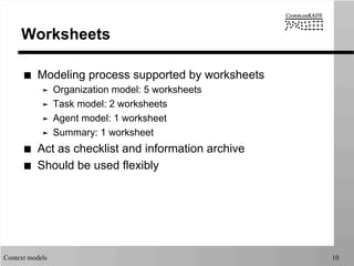 Context models 10
Worksheets
■  Modeling process supported by worksheets
➤  Organization model: 5 worksheets
➤  Task model: 2 worksheets
➤  Agent model: 1 worksheet
➤  Summary: 1 worksheet
■  Act as checklist and information archive
■  Should be used flexibly
 