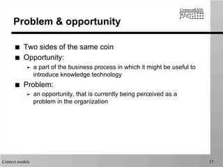 Context models 17
Problem & opportunity
■  Two sides of the same coin
■  Opportunity:
➤  a part of the business process in which it might be useful to
introduce knowledge technology
■  Problem:
➤  an opportunity, that is currently being perceived as a
problem in the organization
 