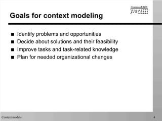 Context models 4
Goals for context modeling
■  Identify problems and opportunities
■  Decide about solutions and their feasibility
■  Improve tasks and task-related knowledge
■  Plan for needed organizational changes
 