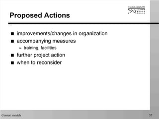 Context models 57
Proposed Actions
■  improvements/changes in organization
■  accompanying measures
➤  training, facilities
■  further project action
■  when to reconsider
 