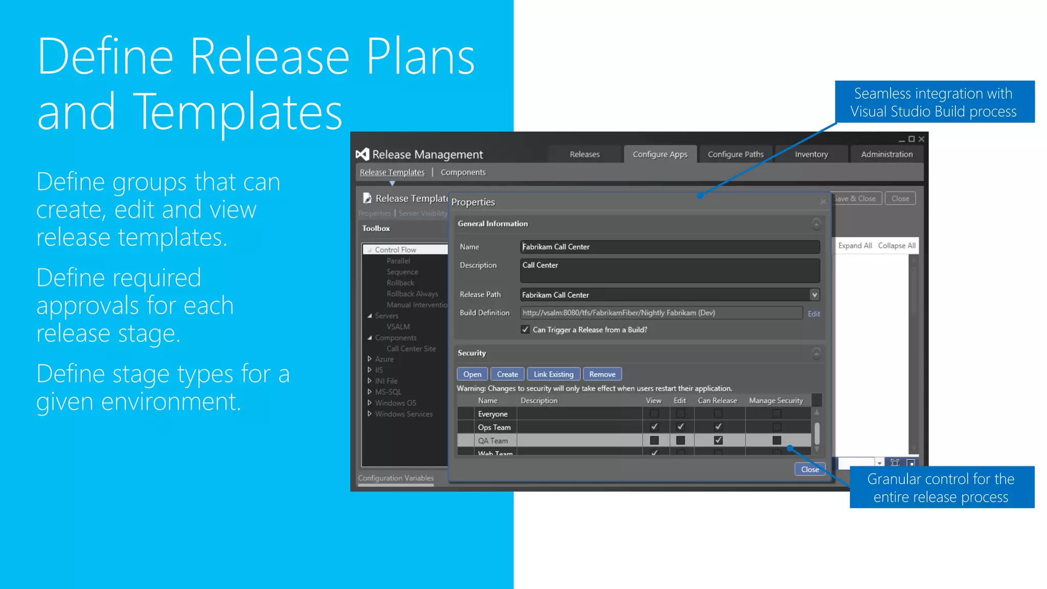 Define Release Plans
and Templates
Define groups that can
create, edit and view
release templates.
Define required
approvals for each
release stage.
Define stage types for a
given environment.
Granular control for the
entire release process
Seamless integration with
Visual Studio Build process
 